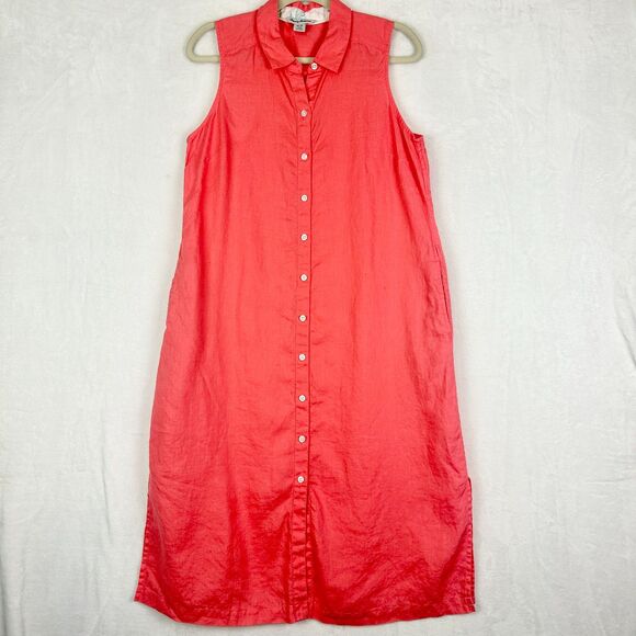 Tommy Bahama Two Palms Linen Midi Shirt Dress Size Medium No Belt Coral Pockets - Picture 2 of 8